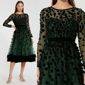 Mac Duggal Green Embellished Illusion High Neck Long Sleeve Fit & Flare Dress‎ 4